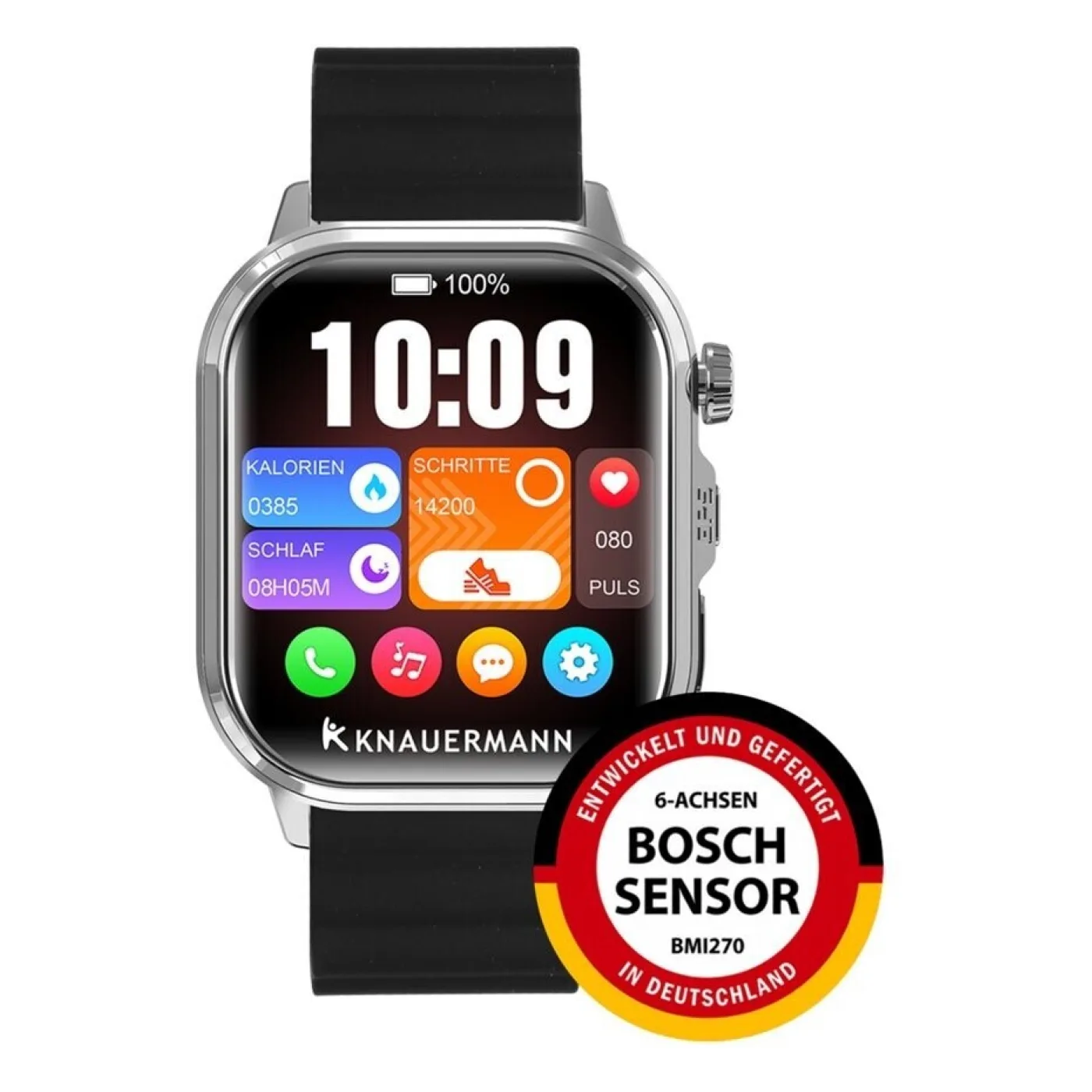 Knauermann PRO 4 Ultra Smartwatch silber, Silikonband schwarz, Anruf & SOS